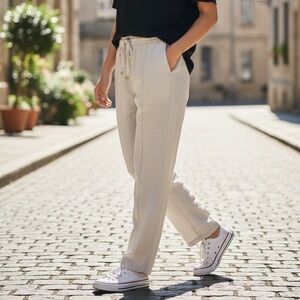 Ellen Tracy 100% Linen Pull-On Pants Silver Cloud Beige Medium Elastic Waist NWT